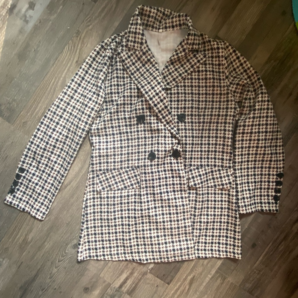 Women's Size Large Houndstooth Double-Breasted lightweight blazer jacket